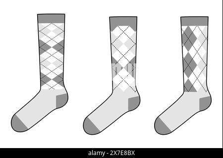 Socks Set with argyle pattern. Fashion hosiery accessory clothing technical illustration stocking. Vector side view for Men, women unisex style, flat template sketch isolated on white background Stock Vector