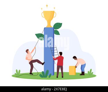 Business challenge and growth, success opportunity to achieve goal and victory. Tiny people pull golden cup trophy with rope, climb ladder to win prize in competition cartoon vector illustration Stock Vector
