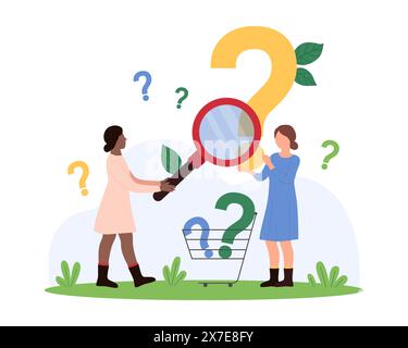 Online search for answer to question, user manual and FAQ, survey. Tiny curious girls look through magnifying glass at question mark, analyze and investigate information cartoon vector illustration Stock Vector
