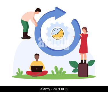 Time interval countdown, loading progress button. Tiny people holding round arrow with speed spin motion to watch on clock inside, timer with gear ticking to deadline cartoon vector illustration Stock Vector