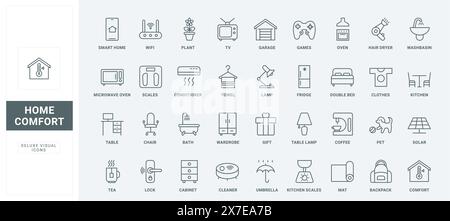 Home comfort products collection for household and garage, cleaning and cooking thin black and red outline symbols, vector illustration. Electric appliances, furnishings and tools and line icons set Stock Vector