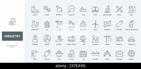 Outline symbols of worker safety equipment and tools from maintenance toolbox, truck, tank and ship delivery. Industry, labor inspection thin black and red line icons set vector illustration Stock Vector