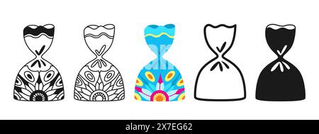 Candy with ornament wrapped sign set. Sweets chocolate truffle or lollipop caramel candies snack flat silhouette, icon linear design. Simple symbol dessert for childish party. Wrapped yummy vector Stock Vector