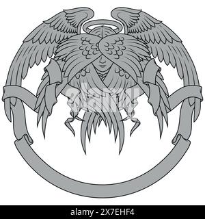 Vector design of Angel with six wings and ribbon, angelic face of the Catholic religion, winged archangel and surrounded with celestial scroll Stock Vector