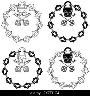 Vector design skull shaped padlock with keys and cutting chains, circle with chain and skull shaped padlock for dungeons Stock Vector