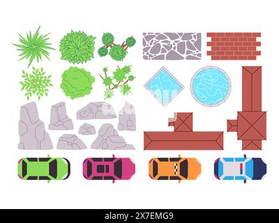 top view house car and pool with green plant stone architectural residential building infrastructure Stock Vector