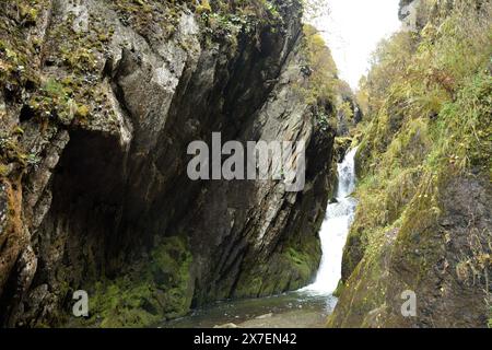 A waterfall sandwiched between two rocks, a stormy stream flows down an autumn forest on a cloudy day. Estyuba waterfall, Altai, Siberia, Russia. Stock Photo