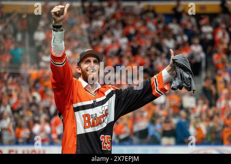 May 18th, 2024: Buffalo Bandits defenseman Matt Spanger (25) celebrates winning the NLL Championship after defeating the Albany Firewolves. The Buffalo Bandits hosted the Albany Firewolves in Game 2 of the National Lacrosse League Finals at KeyBank Center in Buffalo, New York. (Jonathan Tenca/CSM) Stock Photo