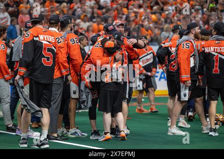 May 18th, 2024: Buffalo Bandits defenseman Steve Priolo (23) celebrates winning the NLL Championship after defeating the Albany Firewolves. The Buffalo Bandits hosted the Albany Firewolves in Game 2 of the National Lacrosse League Finals at KeyBank Center in Buffalo, New York. (Jonathan Tenca/CSM) Stock Photo