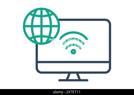 information technology icon. computer with earth and wifi. icon related to information technology. line icon style. technology element vector illustra Stock Vector