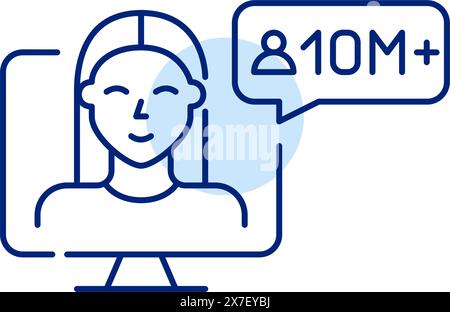Woman on computer screen with 10 million followers notification. Successful video blogger. Pixel perfect, editable icon Stock Vector