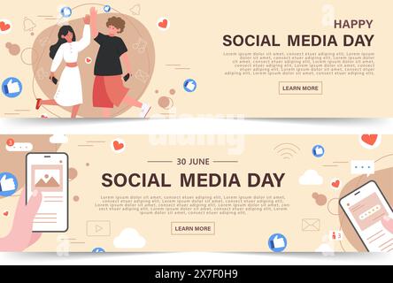 Set of World Social Media Day. June 30. Holiday concept. Template for background, banner, card, poster with text inscription. Vector illustration. Stock Vector
