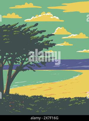 WPA poster art of surf beach at Carmel Beach in Monterey County, California CA, United States of America USA done in works project administration. Stock Vector