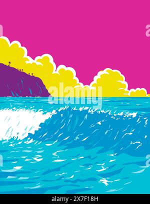 WPA poster art of surf beach at Haggerty's in Palos Verdes Estates, California CA, United States of America USA done in works project administration. Stock Vector