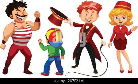 Illustration of diverse circus performers smiling Stock Vector