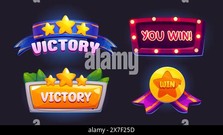 Badge for level or tournament victory game ui design. Cartoon vector illustration set of winner banner with rating stars, ribbons, lamps and green leaves. Emblem trophy for win and achievement. Stock Vector