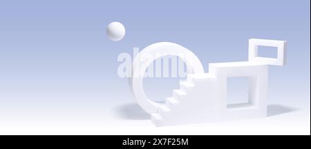 White product podium with stairs, circle and rectangular decorative elements in studio room interior with pastel blue wall and floor. Realistic 3d minimal composition scene with goods display platform Stock Vector