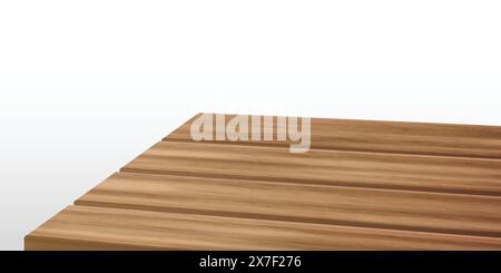 Wooden kitchen table corner, perspective view with texture. Wood tabletop angle surface for product presentation. 3d empty garden desk on foreground for dining display in rustic restaurant template Stock Vector