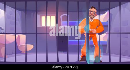 Prisoner try escape from jail cell illustration. Criminal person in prison cage behind lock door in uniform. Security for single thief with steel bars in punishment camp interior with bed and toilet Stock Vector