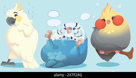 Cute parrot cartoon character. Vector illustration set of bright colorful tropical bird standing with back, lying down and sitting on branch. Funny jungle animal with beak and wings. Comic birdie. Stock Vector