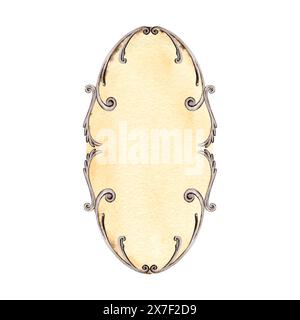 Oval shaped vintage copy space template. Antique style decorated frame for your text. Hand drawn watercolor illustration isolated on white background. Stock Photo