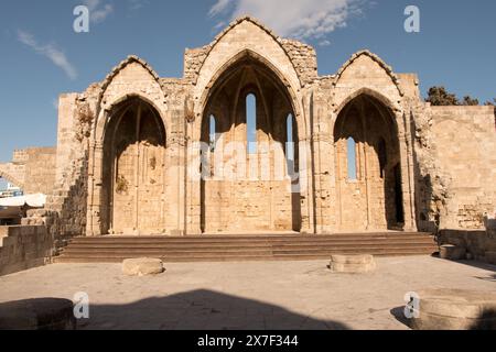 Ruins of the choir of the gothic church of the Virgin of the Burgh in the medieval city of Rhodes Stock Photo