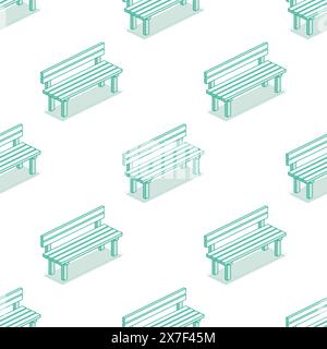 Seamless pattern with modern street bench. Vector illustration. Isometric outline objects isolated on clean white background. Perfect for representing Stock Vector