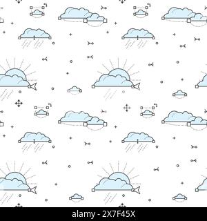 Seamless pattern with blue clouds and sun. Vector illustration. Linear outline style. Stock Vector