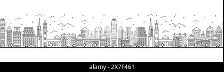 Seamless pattern with outline Stockholm Sweden City Skyline. Historic Buildings Isolated on White. Vector Illustration. Stockholm Cityscape with Landm Stock Vector