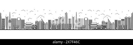 Seamless pattern with outline Seoul South Korea City Skyline. Modern Buildings Isolated on White. Vector Illustration. Seoul Cityscape with Landmarks. Stock Vector