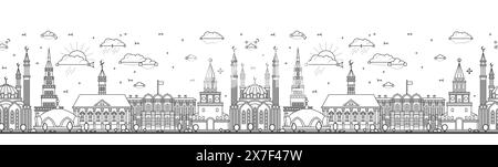 Seamless pattern with outline Kazan Russia city skyline. Modern and historic buildings isolated on white. Vector illustration. Kazan cityscape. Stock Vector