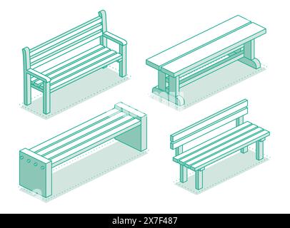 Collection of modern street benches. Vector illustration. Isometric outline objects isolated on clean white background. Perfect for representing. Stock Vector