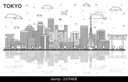 Outline Tokyo Japan city skyline with modern and historic buildings and refletions isolated on white. Tokyo cityscape with landmarks. Stock Vector