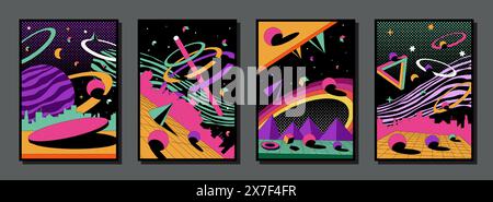 Psychedelic posters. Abstract retro background. 1980s space landscape with volcano explosion. Surreal sky. Cosmic infinity. Optical illusion figures. Stock Vector