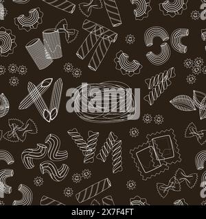 Pasta pattern. Seamless texture with white hand drawn macaroni different types on brown background. Packaging design backdrop. Homemade raw spaghetti. Stock Vector
