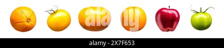 Set of tomatoes. oranges and apples isolated on white background with clipping path Stock Photo
