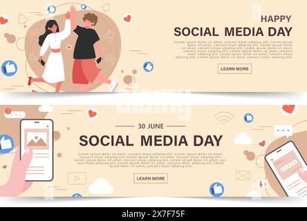 Set of World Social Media Day. June 30. Holiday concept. Template for background, banner, card, poster with text inscription. Vector illustration. Stock Vector