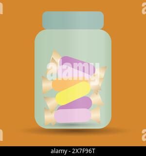 Jar with different colorful wrapped candies inside Stock Vector
