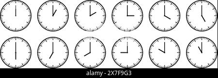 Clocks hands icon. Time sign for every hour. Stopwatch, clock faces set. Evening, morning and noon time. Simple hour icons. Vector illustration Stock Vector