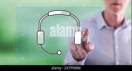 Man touching a technical support concept on a touch screen with his finger Stock Photo