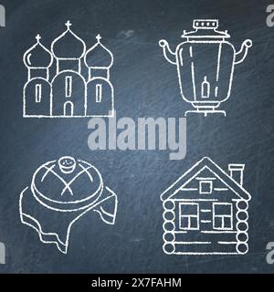 Russia traditional symbols on chalkboard. Orthodox church, izba hut, samovar and karavai bread icon set. Vector illustration Stock Vector