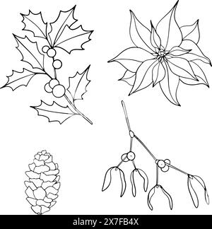 Set of Christmas plants line art. Ink graphic poinsettia, twig of ilex with berries, mistletoe and conifers evergreen tree with cone. Hand painted Stock Vector