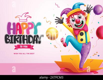Happy birthday greeting vector design. Birthday clown character in open surprise gift box elements in happy, funny and smiling face for kids party Stock Vector