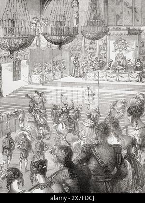 Banquet in Westminster Hall at the coronation of George IV, 19 July, 1821.  The Champion's Challenge. George IV, 1762 – 1830.  King of the United Kingdom of Great Britain and Ireland and King of Hanover, 1820 - 1830.   From Cassell's Illustrated History of England. Stock Photo