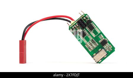 Small computer processing unit system on micro chip printed circuit board(PCB) at finger size, isolated Stock Photo