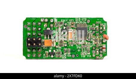 Small computer processing unit system on micro chip printed circuit board(PCB) at finger size, isolated Stock Photo