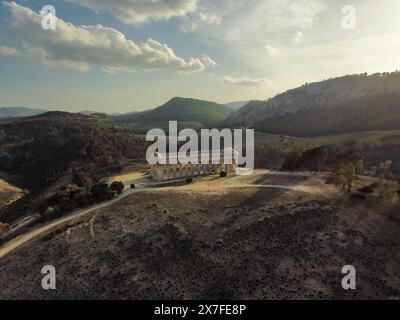 aerial view of the temple of Segesta in the Sicilian hinterland Stock Photo