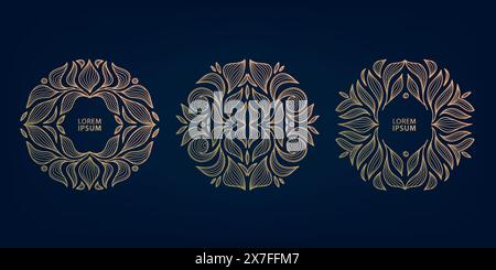 .Vector luxury golden logo, flower monogram, line leaf emblem. Elegant label, round frame, royal organic border. Pattern for tea, perfume, wine Stock Vector