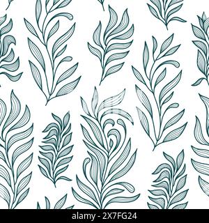 Vector seamless leaf pattern, foliage, plant line leaves, green on white. Hand drawn branches, nature print, fabric, summer decor Stock Vector