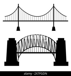 Vector bridges silhouettes icons. Black silhouettes of beautiful bridges on a white background for logos, badges or internet icons. Vector illustration Stock Vector